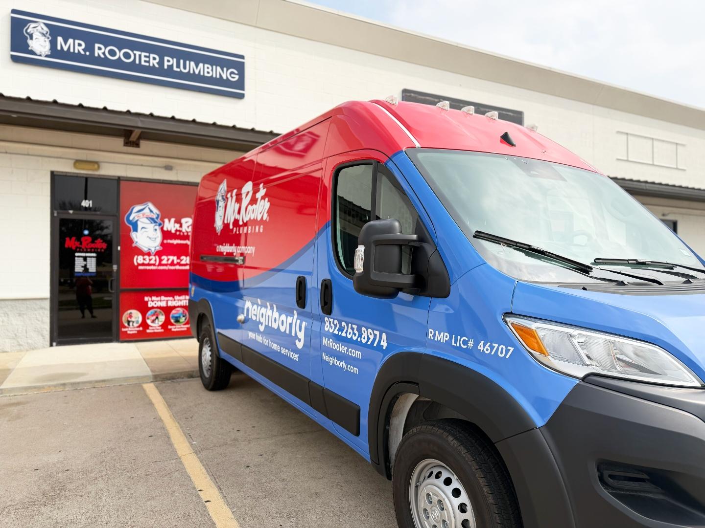 Mr. Rooter Plumbing of Northeast Katy office exterior with service van parked in front